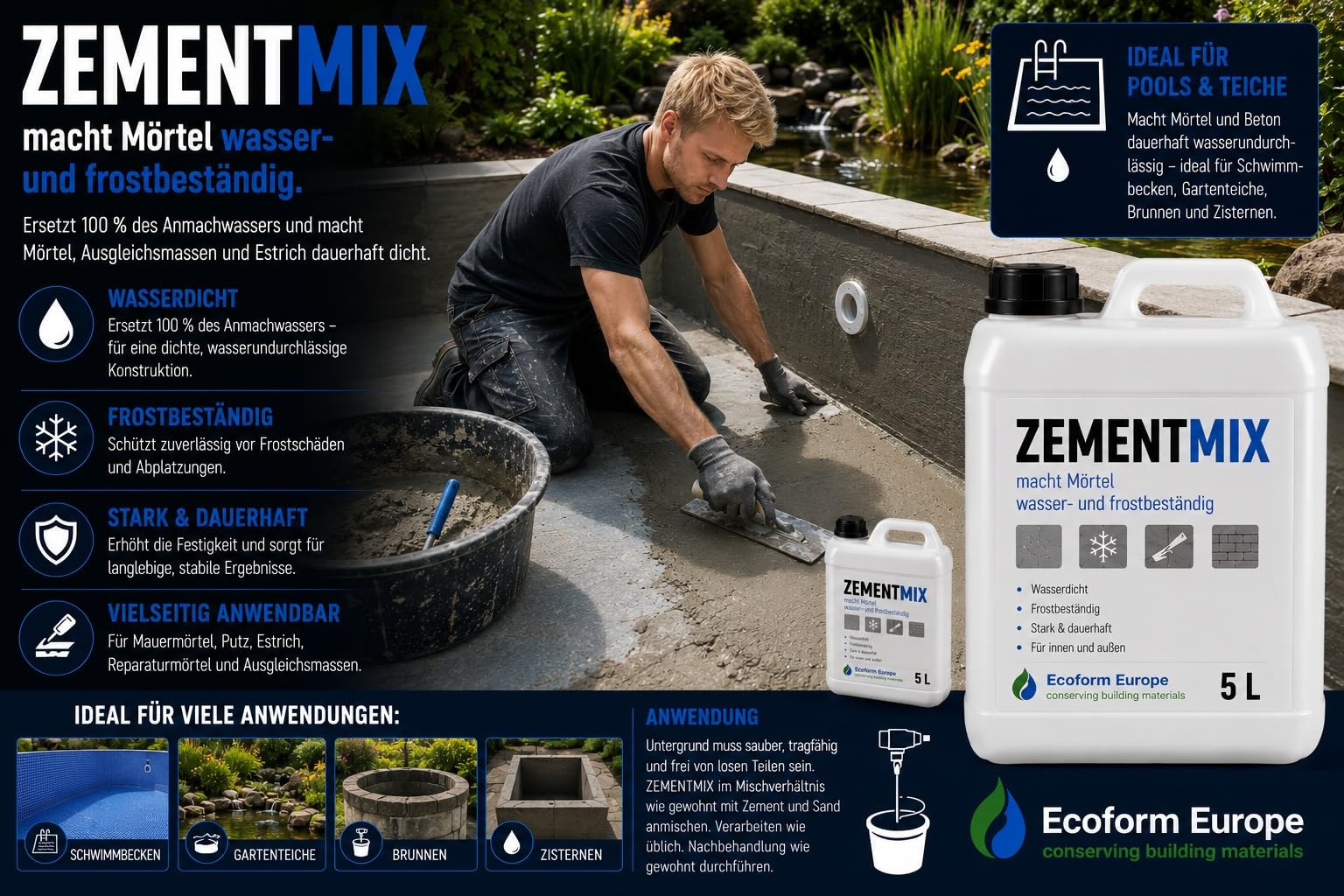 Zementmix 25 Liter – Beton wasserdicht machen – Zementzusatz gegen Feuchtigkeit – Für Keller, Beton, Mörtel und Estrich