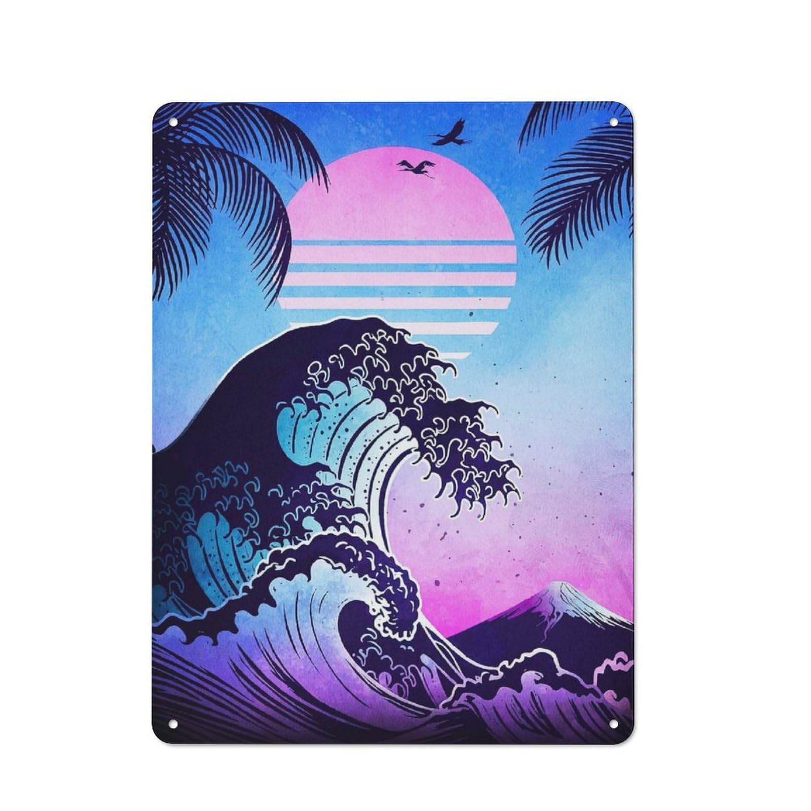 Tin Wall Plaque 40x30cm with Synthwave Wave And Sunset for Pub Or Café, for Hospitality Wall Decor Collectors
