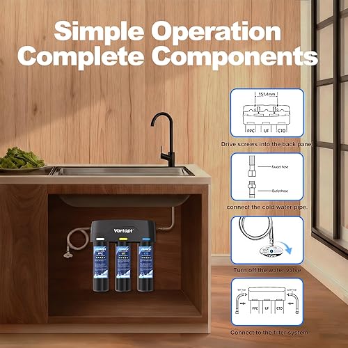 Miniatura 8 de Vortopt Filtro de agua debajo del fregadero, con PP, UF, y cartuchos CTO para filtración de agua y agua potable, F03, negro.