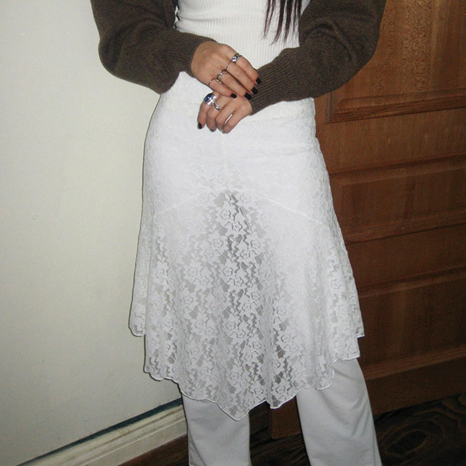 Generic Falda Irregular de Encaje Jacquard, Estilo Dulce y gentil, faldita Blanca versátil de Cintura Alta, Falda de Corte A de Largo Medio Que Cubre la Cadera-Blanco-S