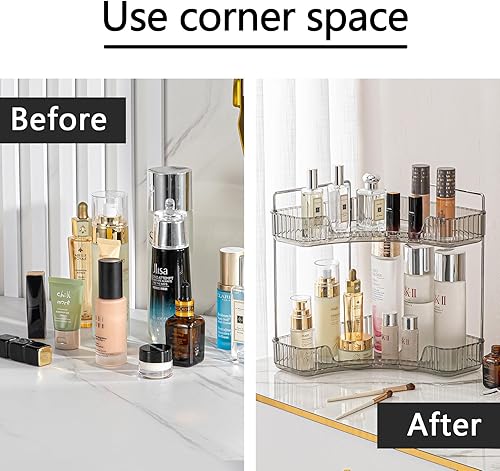 Miniatura 3 de shuang qing Organizador esquinero de 2 niveles para mostrador de baño, estante de almacenamiento clásico para maquillaje, perfumes y artículos de