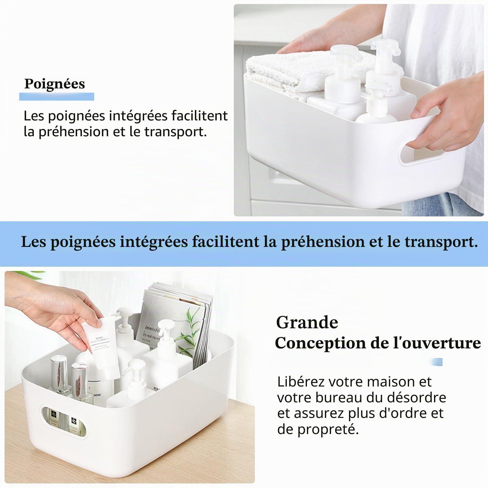 Lot de 8 boîtes de rangement en plastique blanc avec poignées - 30x20x12cm | Pour armoire de cuisine - Boîte de rangement en plastique pour salle de bain, cuisine, garde-manger, Étagère, Organiseur