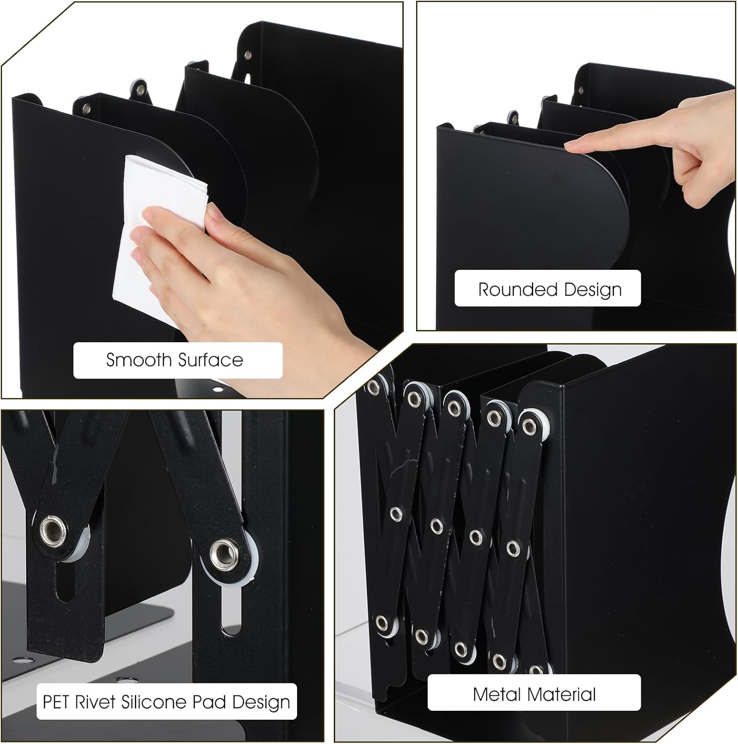 2 Pack Adjustable Bookends for Heavy Books - Expandable Book Ends to Hold Books Heavy Duty, Metal Book Organizer with Anti-Slip Design for Shelves, Desk & Office (Black)