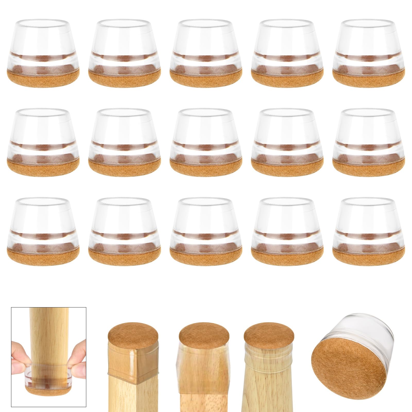 AUAUY 16 Pz Protector Patas Sillas Silicona con Fieltro, Transparente Protectores Patas sillas Muebles Redondos, Tacos para sillas para Proteger Pisos Madera Dura rasguños y Ruido (Envuelto-M)