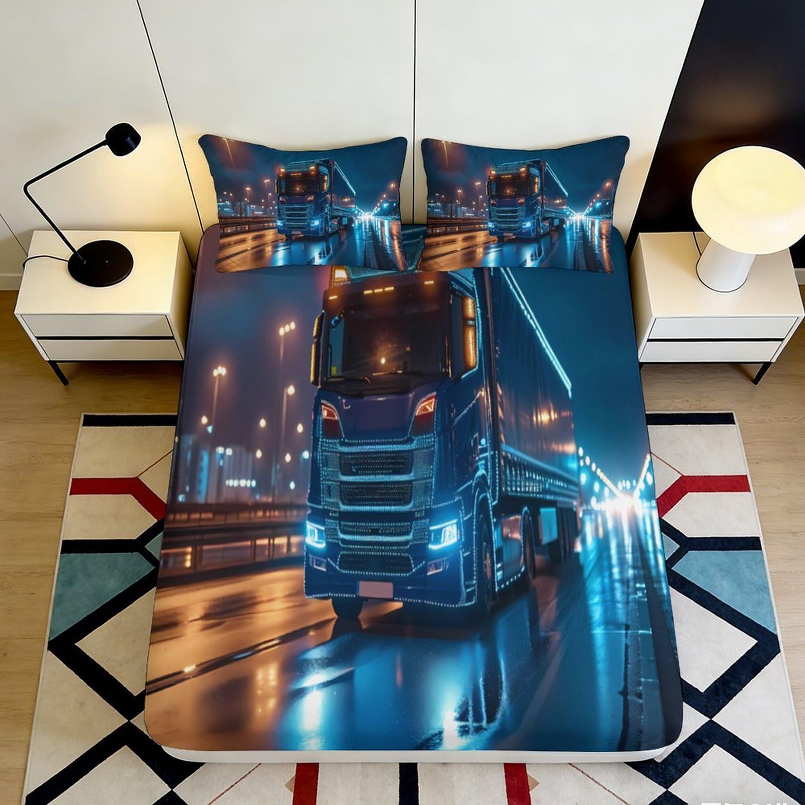 3D Printed Night City Truck Fitted Sheet Microfiber Soft Breathable Road Lights Bed Cover for Bedroom Dorm Decor 90x200x25cm