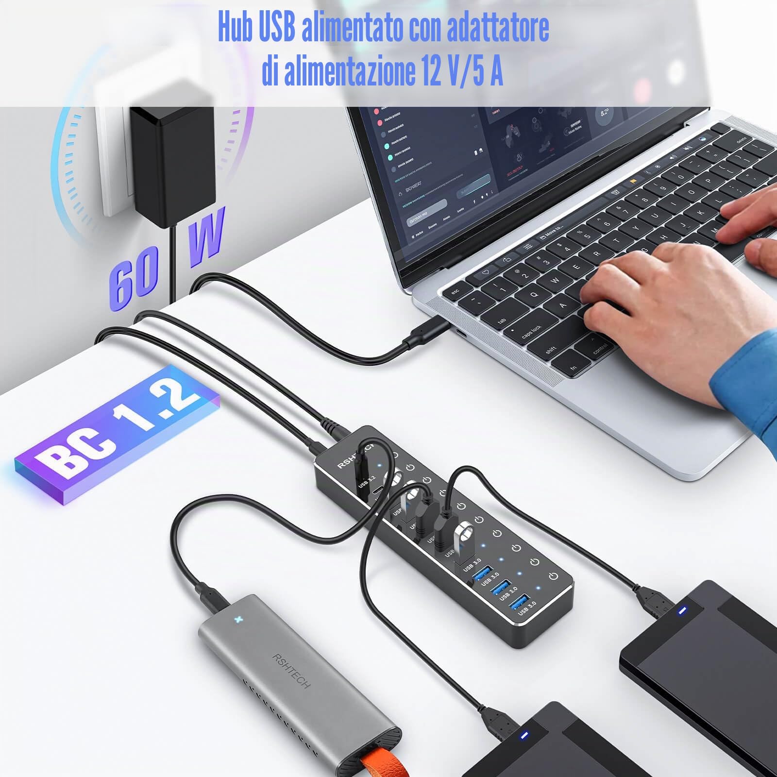 Hub USB alimentato, RSHTECH 10 porte USB 3.2/USB C Hub 60 W con USB-A 3.2 da 10 Gbps, 2 porte USB-C 3.2, 7 porte USB 3.0, interruttori touch individuali e cavo da 1 m, splitter USB ibrido per laptop