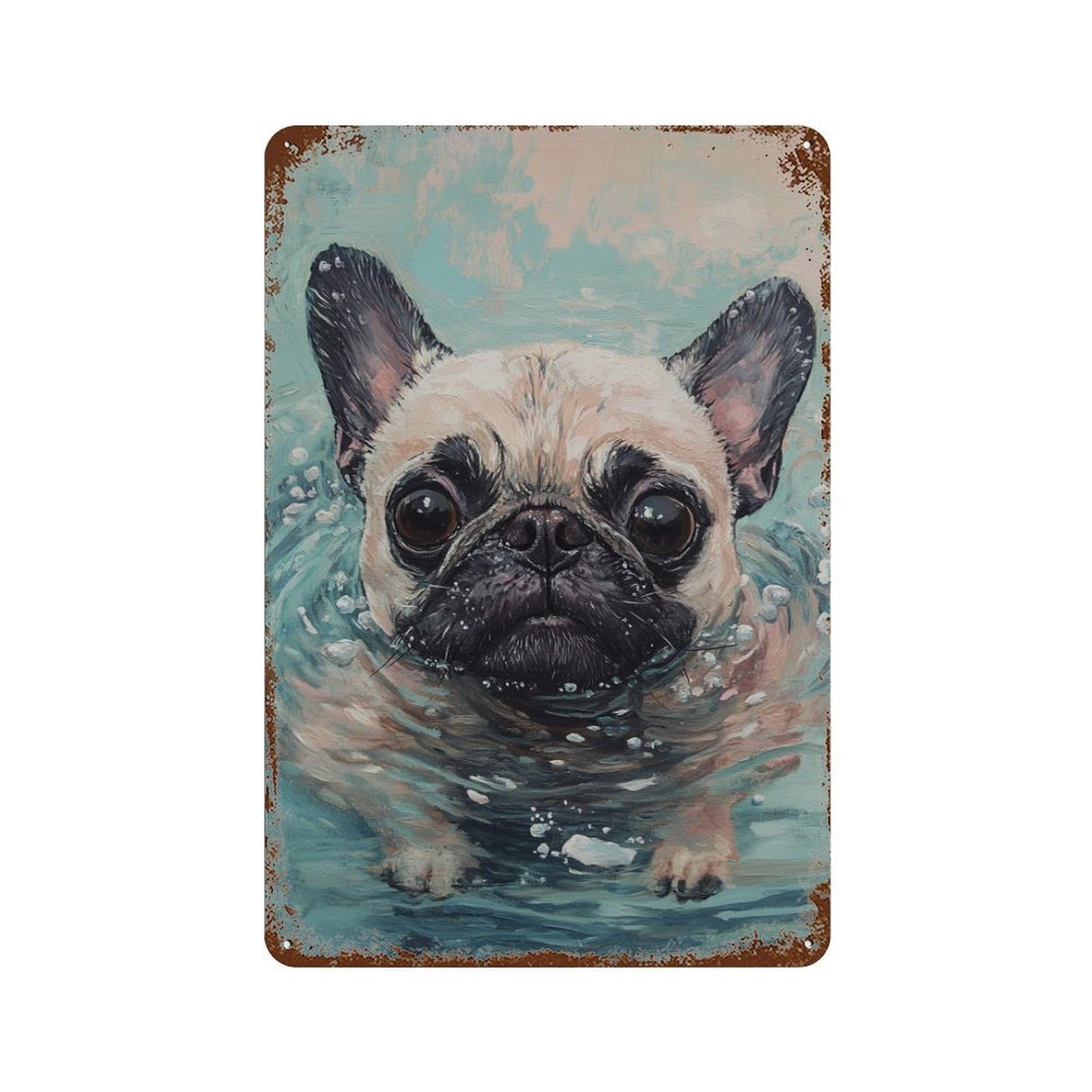 Pug Dog Swimming Painting Rustic Tin Plaque 11.8"x7.9", for Pub, Kitchen And Man Cave Decor, Vintage Wall Decor