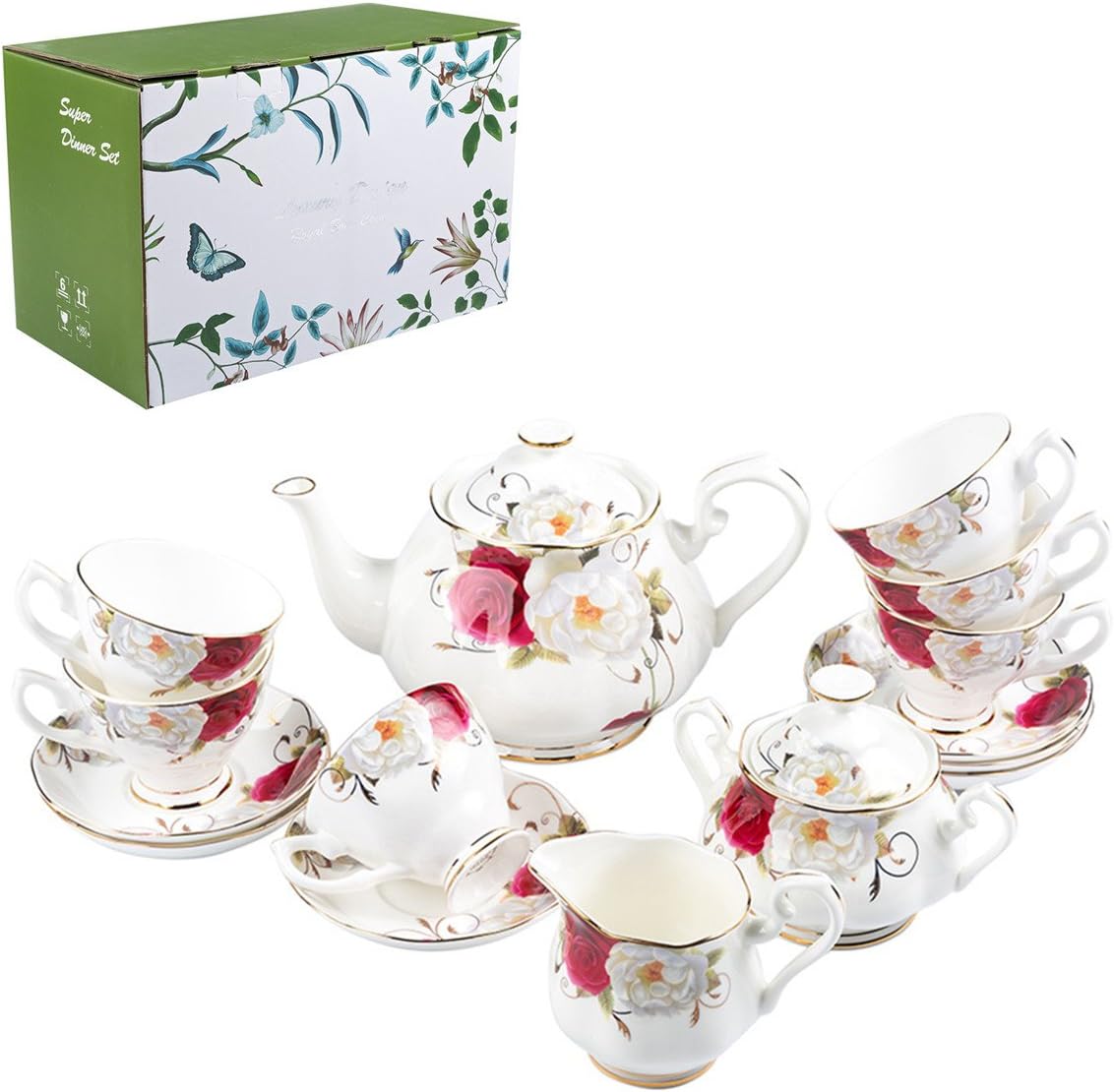 15 Piece Tea Set Royal Fine Bone China Shabby Chic Rose Classic Style in Gift Box (Gold Rose)