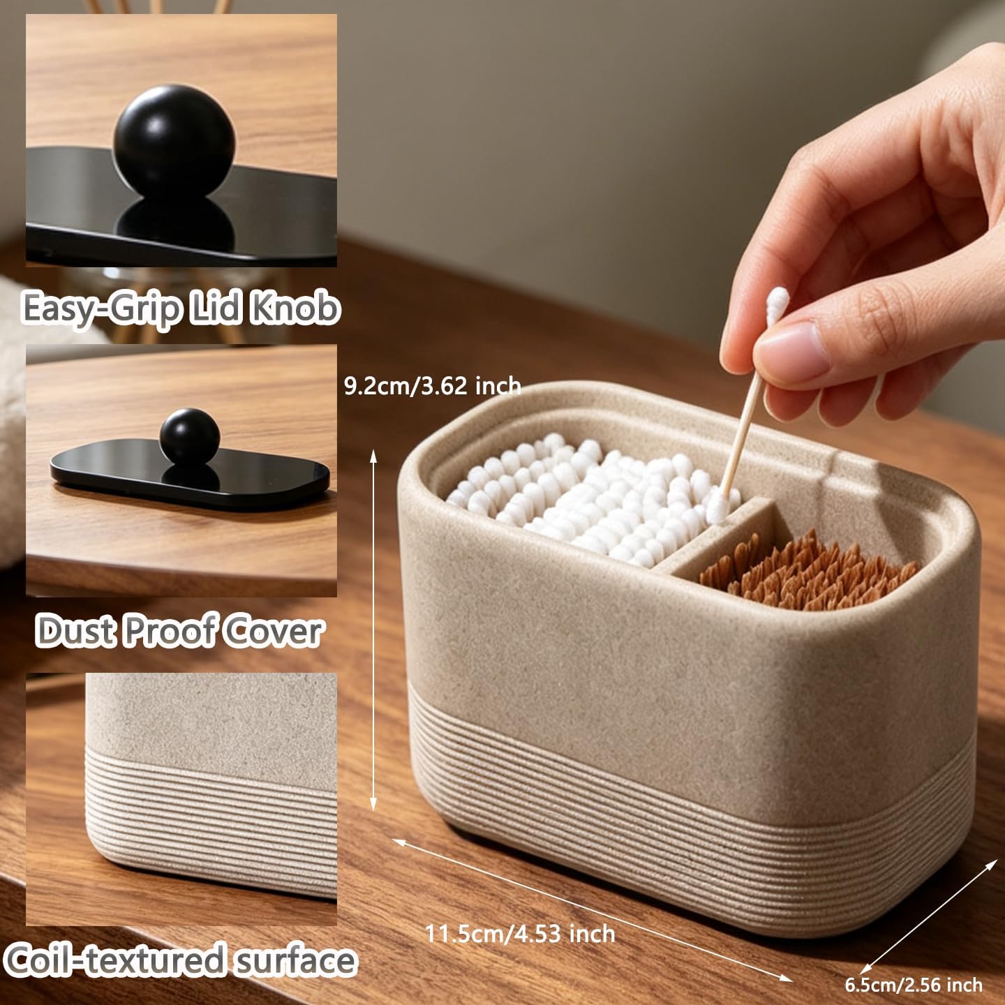 Double compartment resin cotton swab holder with lid, bathroom cotton swab storage box, ideal for storing cotton pads, dental floss sticks, makeup sponges, and various small bathroom items (Beige)
