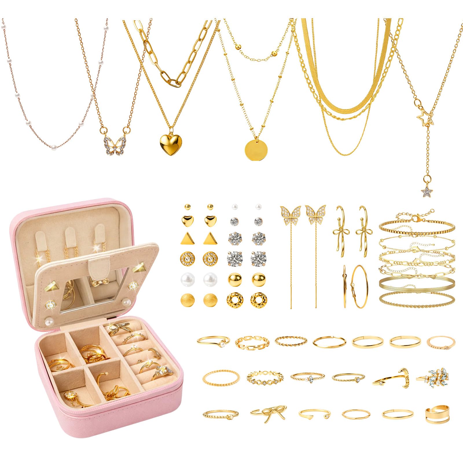 SMUOBT Jewelry Box with Jewelry Set for Women Men - Multi-Layer Organizer Storage Case with Mirror Necklace Bracelet
