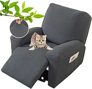 XINEAGE 4-Piece Recliner Cover Stretch Jacquard Slipcover with Pocket, Washable Recliner Chair Protector for Kids, Pets, Dogs, Cats (Dark Gray)