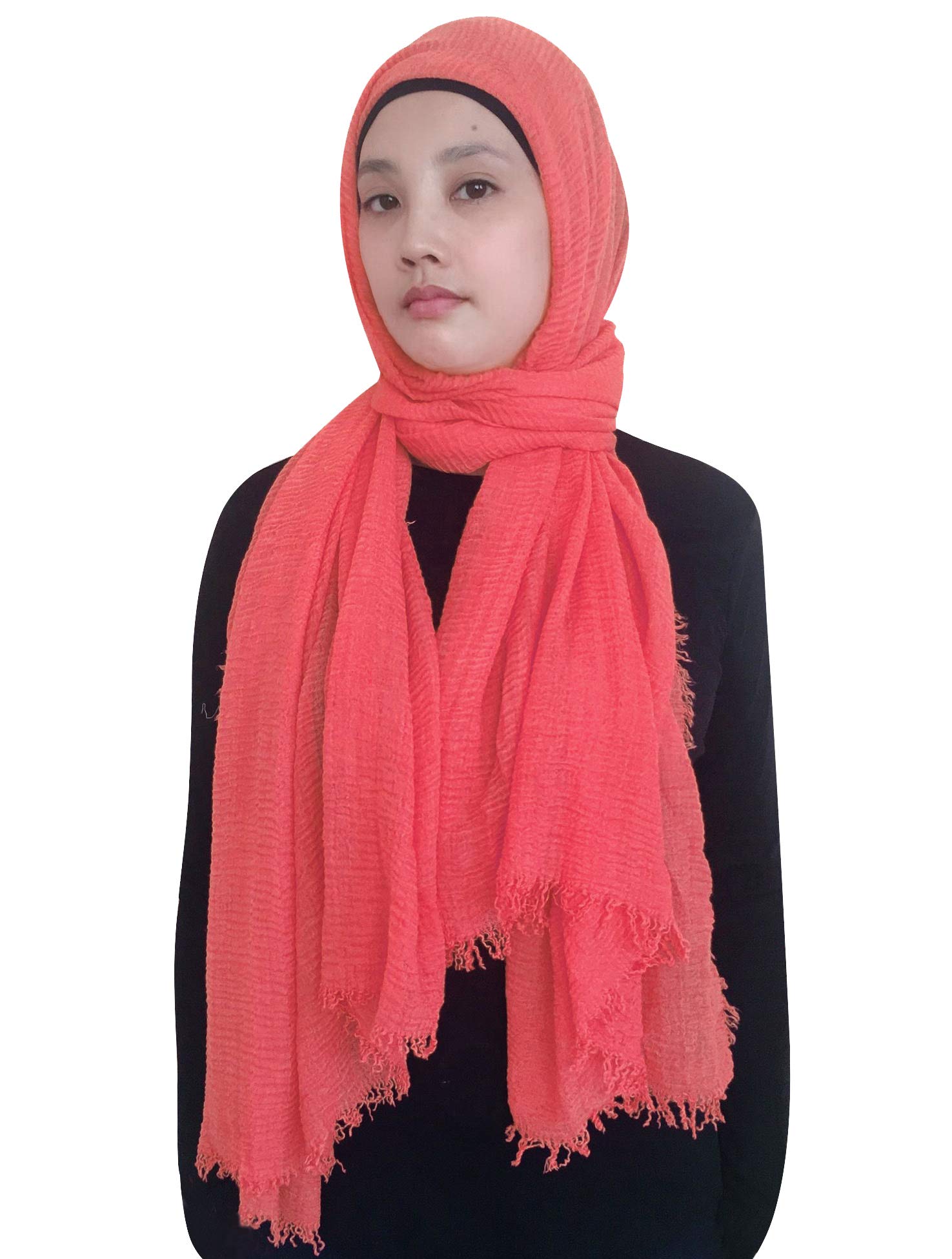 Lina & Lily Plain Colour Crepe Crinkled Scarf Hijab with Frayed Edges (Coral)