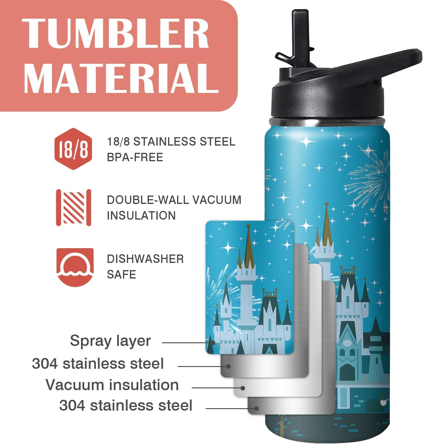 Cute Cartoon Tumbler with Top Handle and Straw Lid Gift for Boys Girls Water Bottle Travel Kettle Cup for Car Cold and Hot Stainless Steel Double Wall Insulated Mug (dream castle, 18oz)