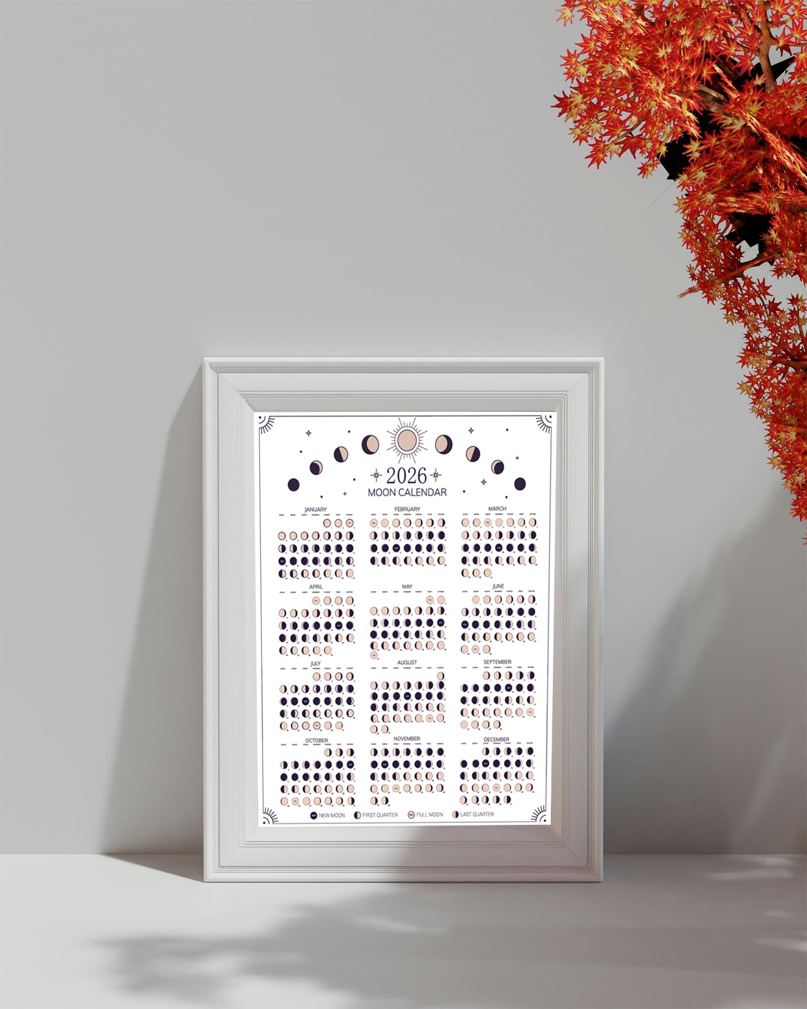 2026 Wall Calendar - Moon Phases Poster, 11 x 14 inches Hangable