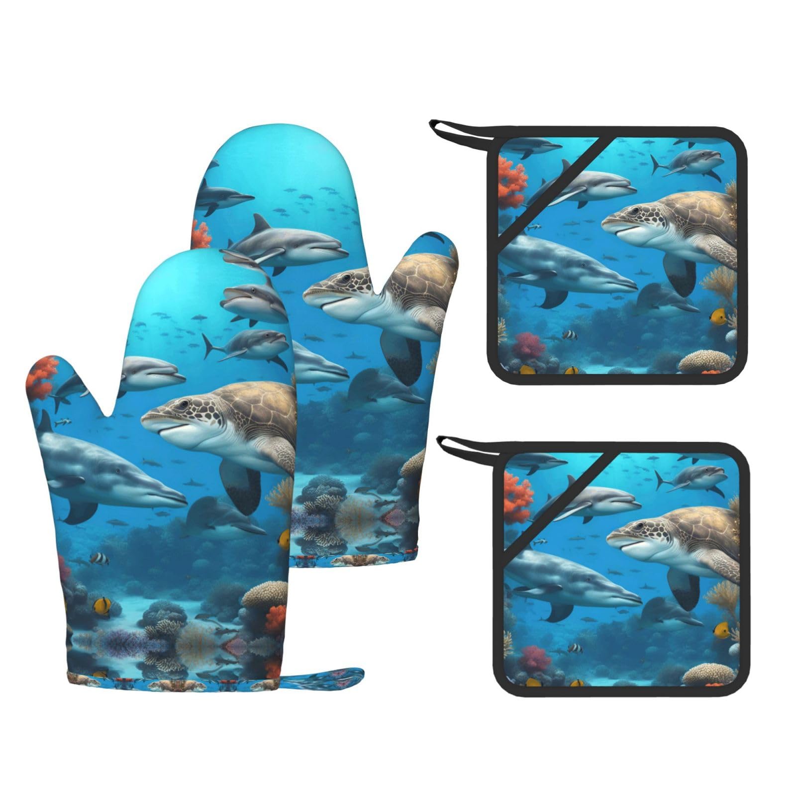 Dolphins Shark Coral Reef Printed Oven Mitts with Pocket and Hot Pads, Silicone Non-Slip Kitchen Gloves for Baking BBQ