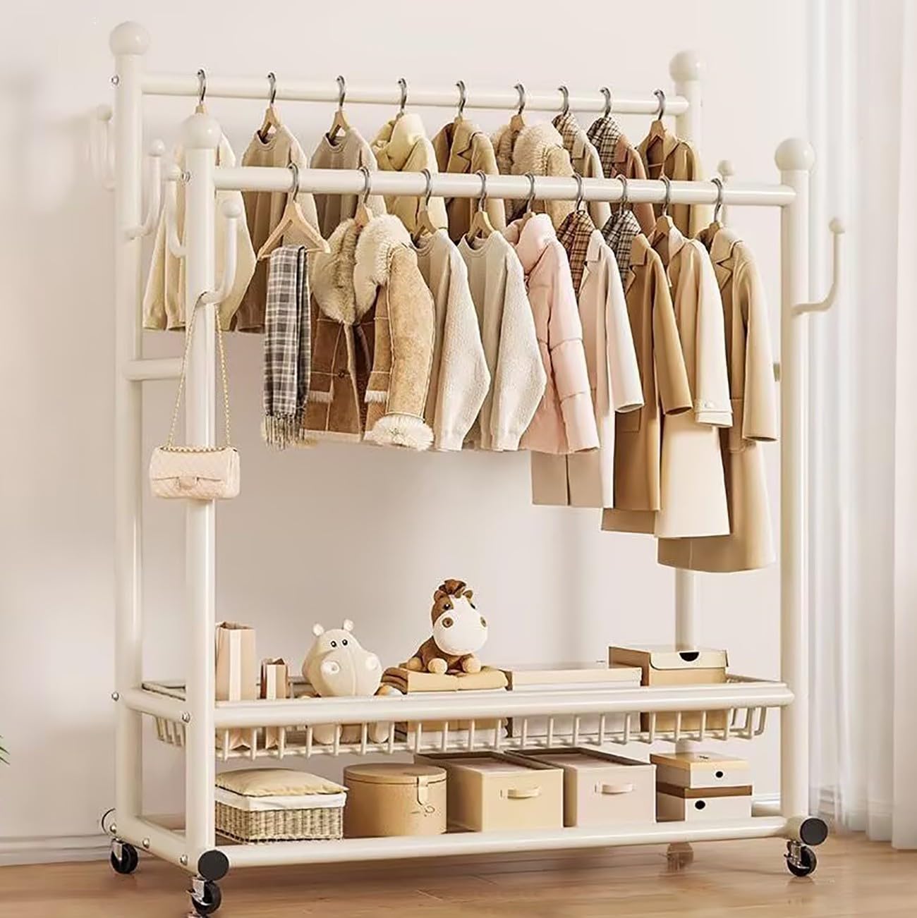 Portant à vêtements avec 2 couches de rangement en acier et double rail