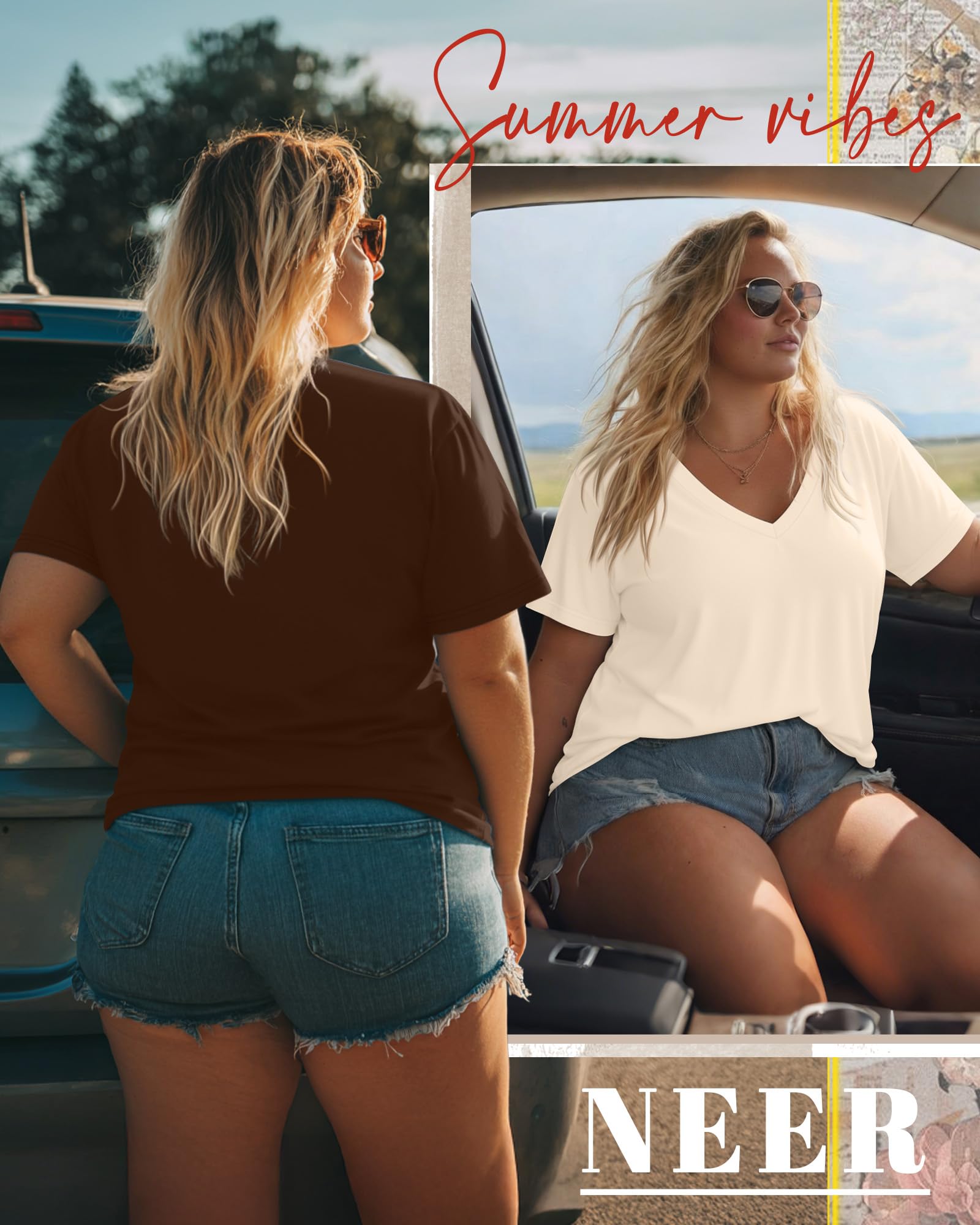 Neer Paquete de 3 camisetas de manga corta con cuello en V para mujer, dobladillo plano, básicas, holgadas, informales, para mujer
