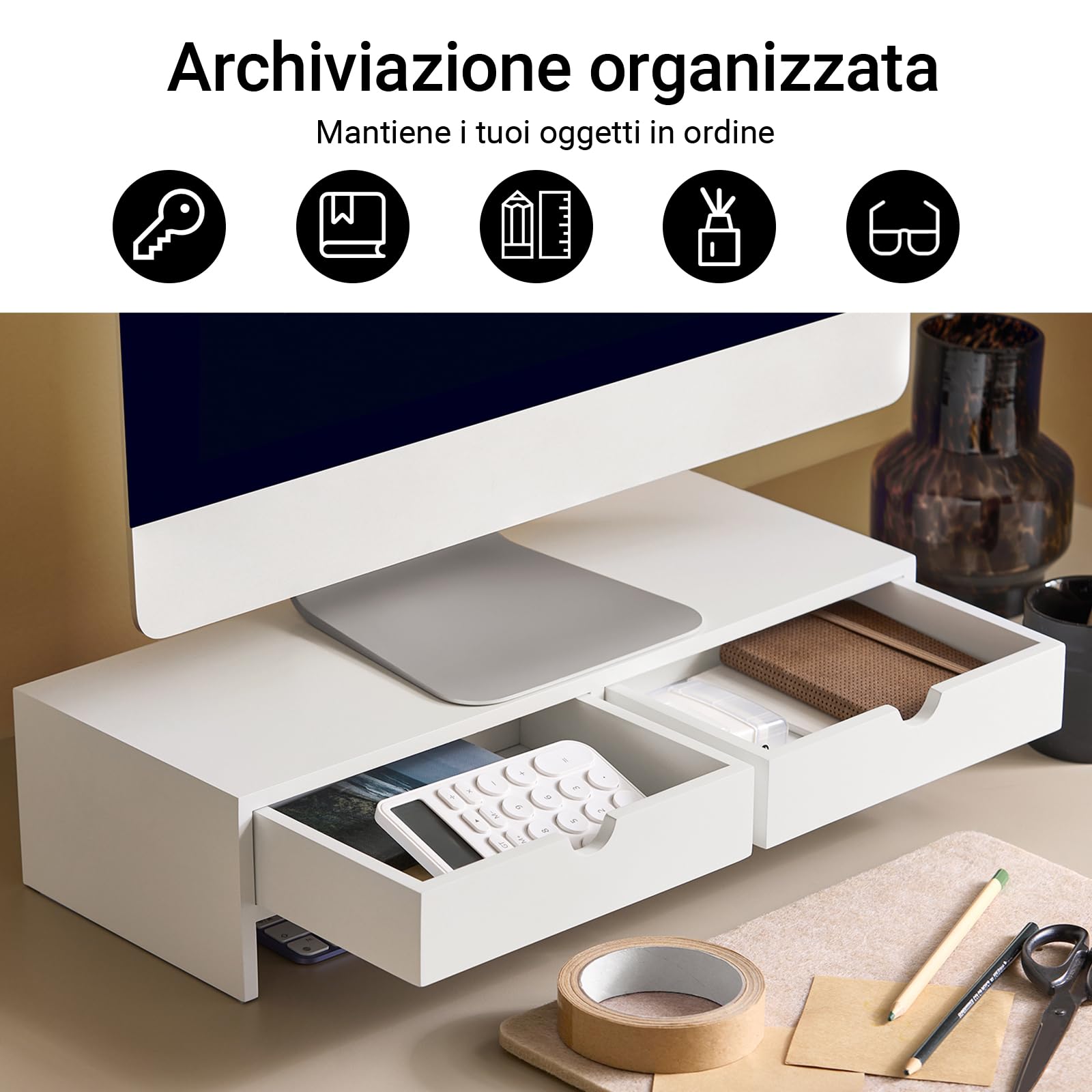 SoBuy Supporto Monitor Scrivania con 2 Cassetti Rialzo Monitor da Scrivania Supporto PC Laptop Stand per Ufficio o Casa Altezza 11cm Bianco 47x18x11cm BBF02-W