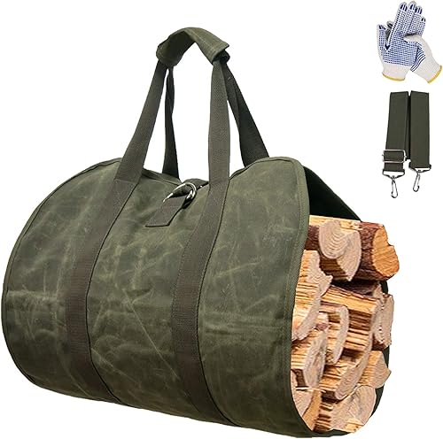 Portador de leña, Bolsa de lona resistente, Gran registro encerado portador Bolsas de mano para chimenea troncos de leña Accesorios de estufa de