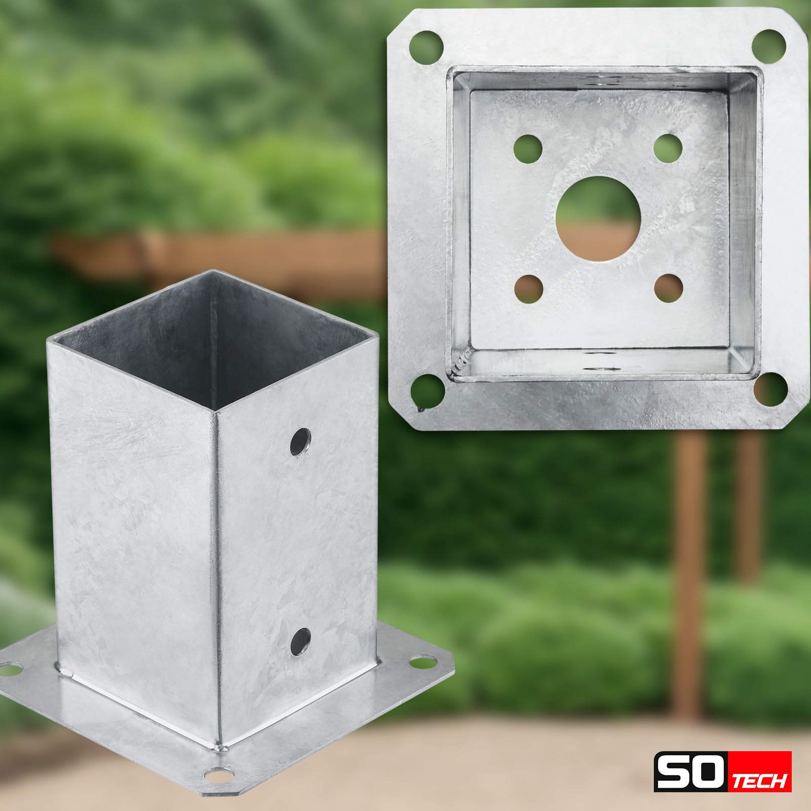 SOTECH SET de 2 ancres à visser carrées 90 x 90 mm, 152 mm de hauteur, acier galvanisé à chaud, douille pour bois carré - optimal pour l'extérieur