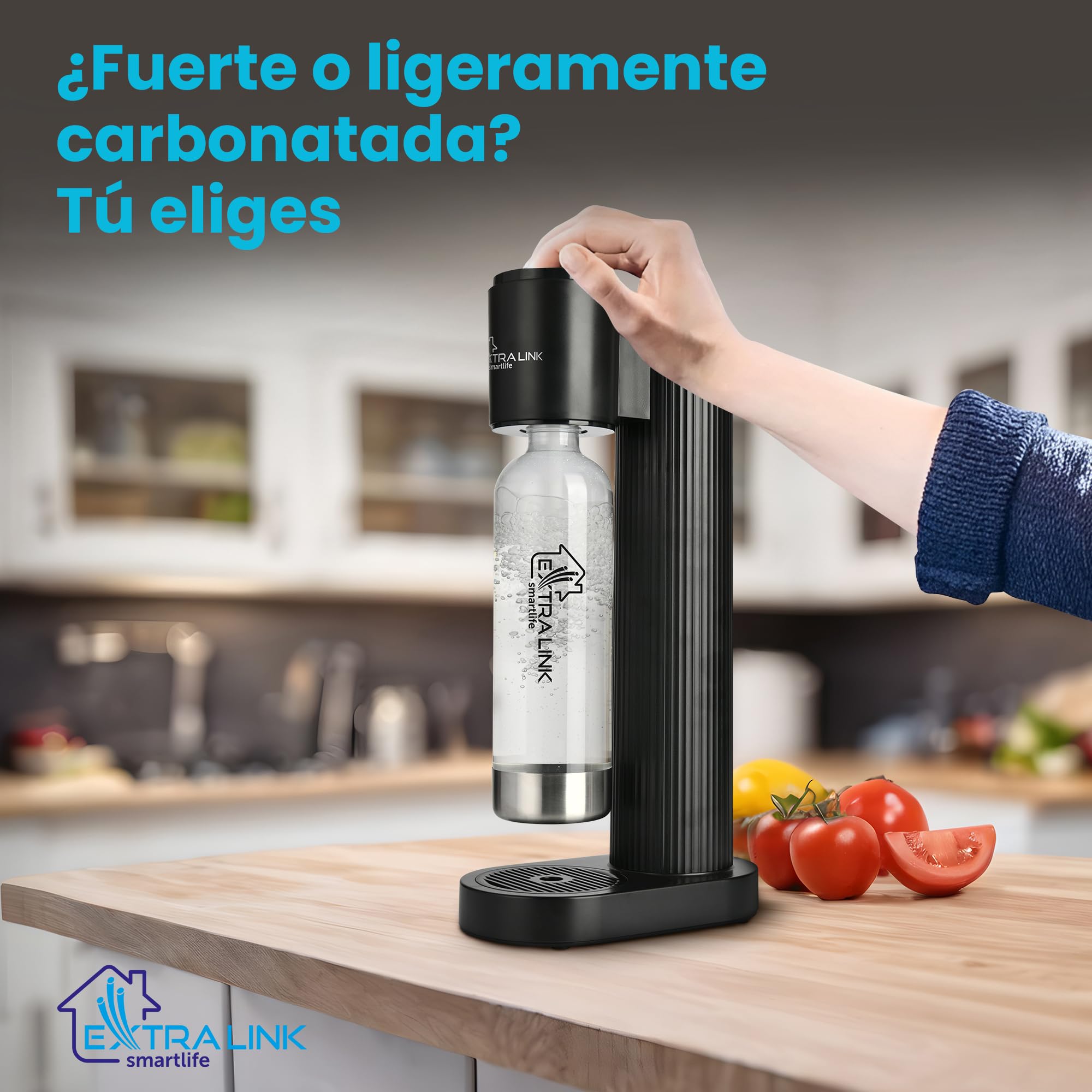 Extralink Máquina para hacer agua con gas Smart Life con botella 1L PET, tamaño compacto, carbonatación de ligera a alta, maquina agua con gas, práctica y elegante, compatible con las botellas de CO2
