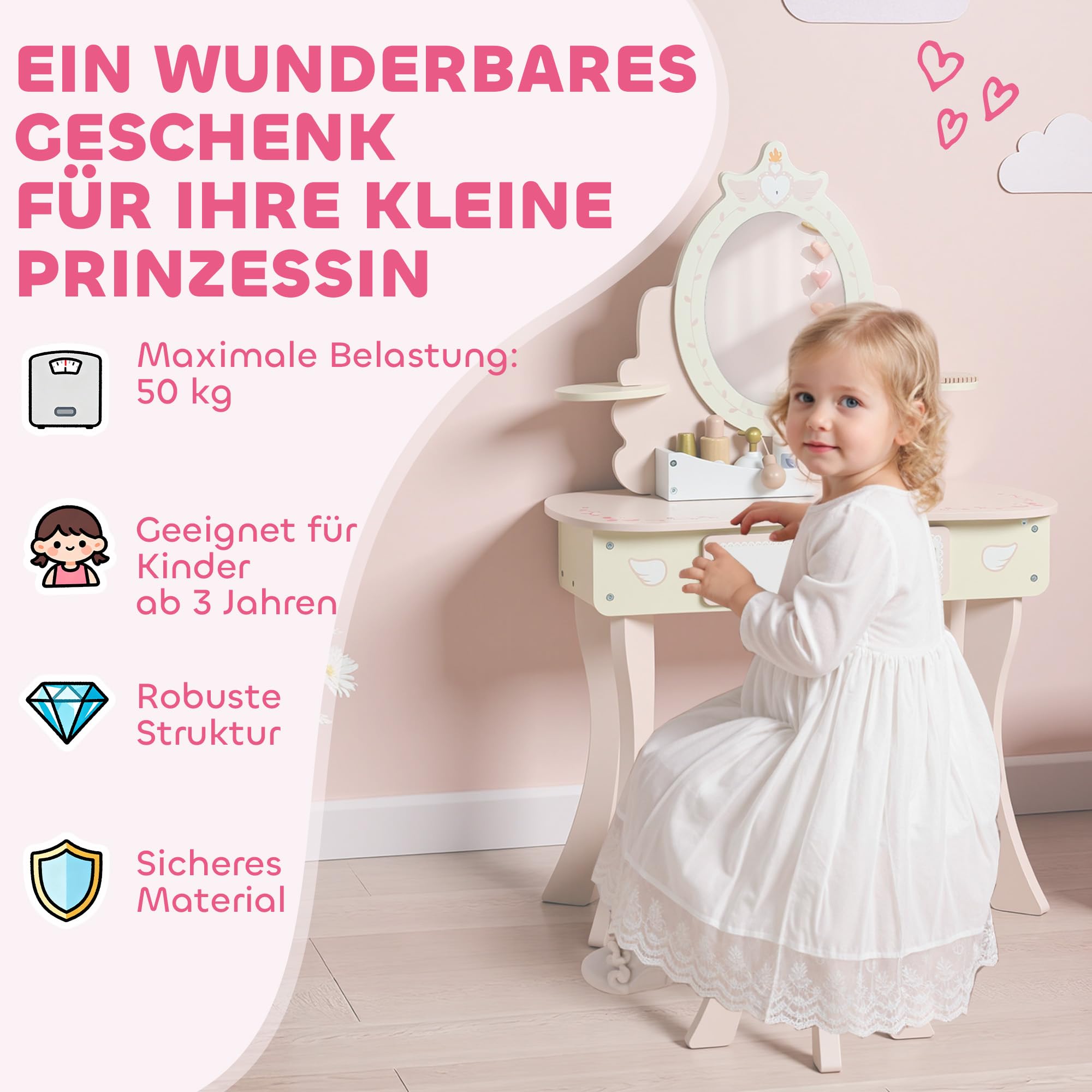 AIYAPLAY Schminktisch Kinder, 2-in-1 Kosmetiktisch mit abnehmbaren Spiegel, Schublade, Hocker, Regal, 7-teiligem Spielzubehör Schminktisch-Set für Kinder ab 3 Jahre, Rosa