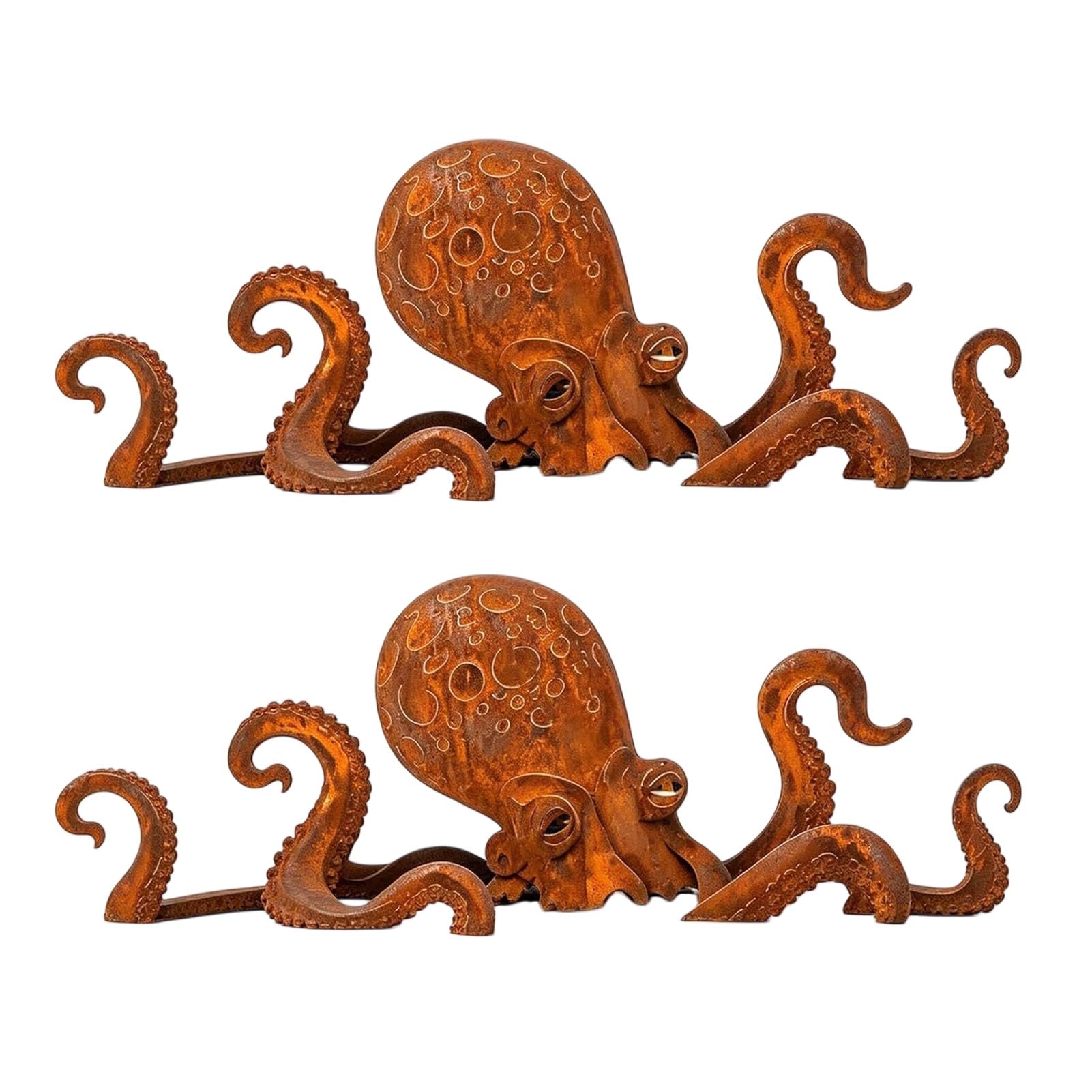 Pasisuu Giant Squid Garden Sculpture, 3D Metal Octopus Outdoor Statue for Patio Lawn Beach House Decor, Weather-Resistant Rust Patina Marine Ornament, Nautical Iron Art Decoration Set 2pcs