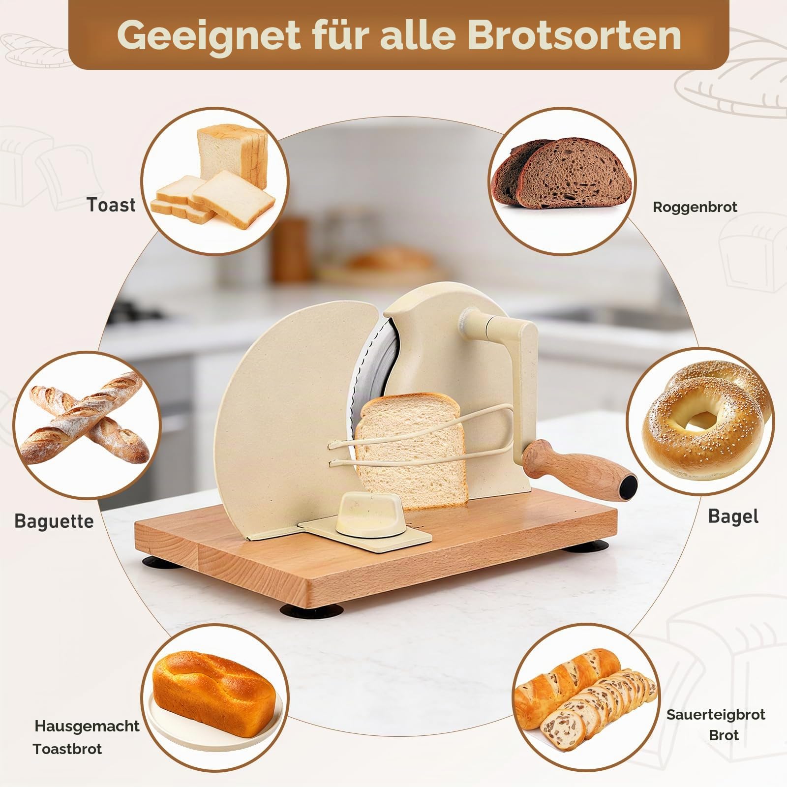 Brotschneidemaschine manuell mit Holzrahmen & Edelstahlklinge, Einstellbare Schnittstärke 0-2 cm, Ideal für Brot, Baguette & Brötchen, Hobel für gleichmäßige Scheiben