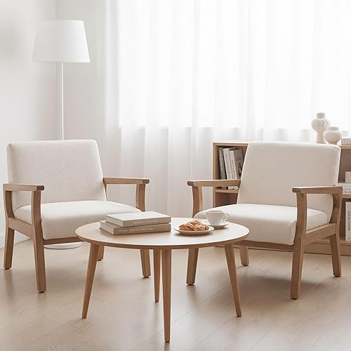 Miniatura 6 de HNY Sillón de mediados de siglo con marcos de madera, sillón tapizado de lino, para sala de estar, dormitorio, marfil Marco de madera dura natural