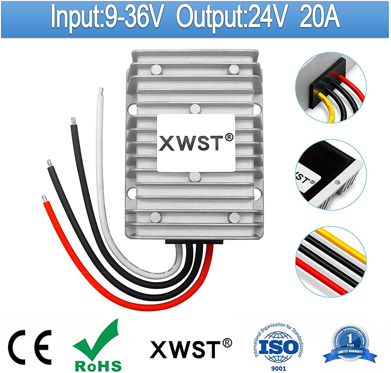Przetwornica napięcia DC 9-36 V 12 V 24 V na DC 24 V Boost Buck Converter 20 A 480 W falownik samochodowy zasilacz konwerter transformator adapter do samochodów osobowych i ciężarowych silników,