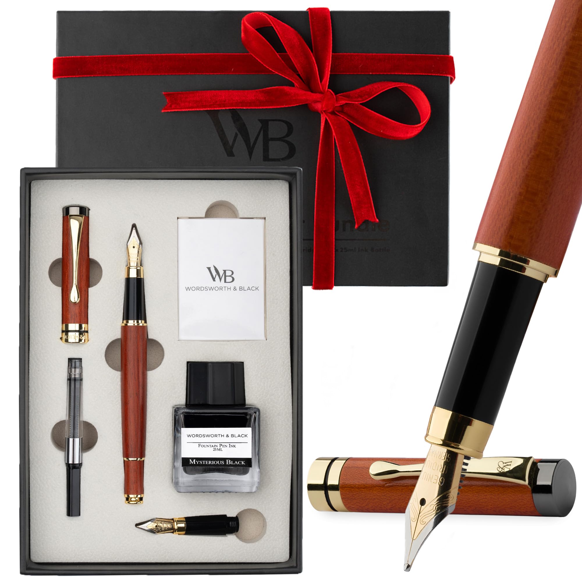 Stylo Plume Luxe En Bois De Bambou – Ensemble Avec Plume Moyenne Et Extra Fine, Encre, Boîte Cadeau (bois De Rose)