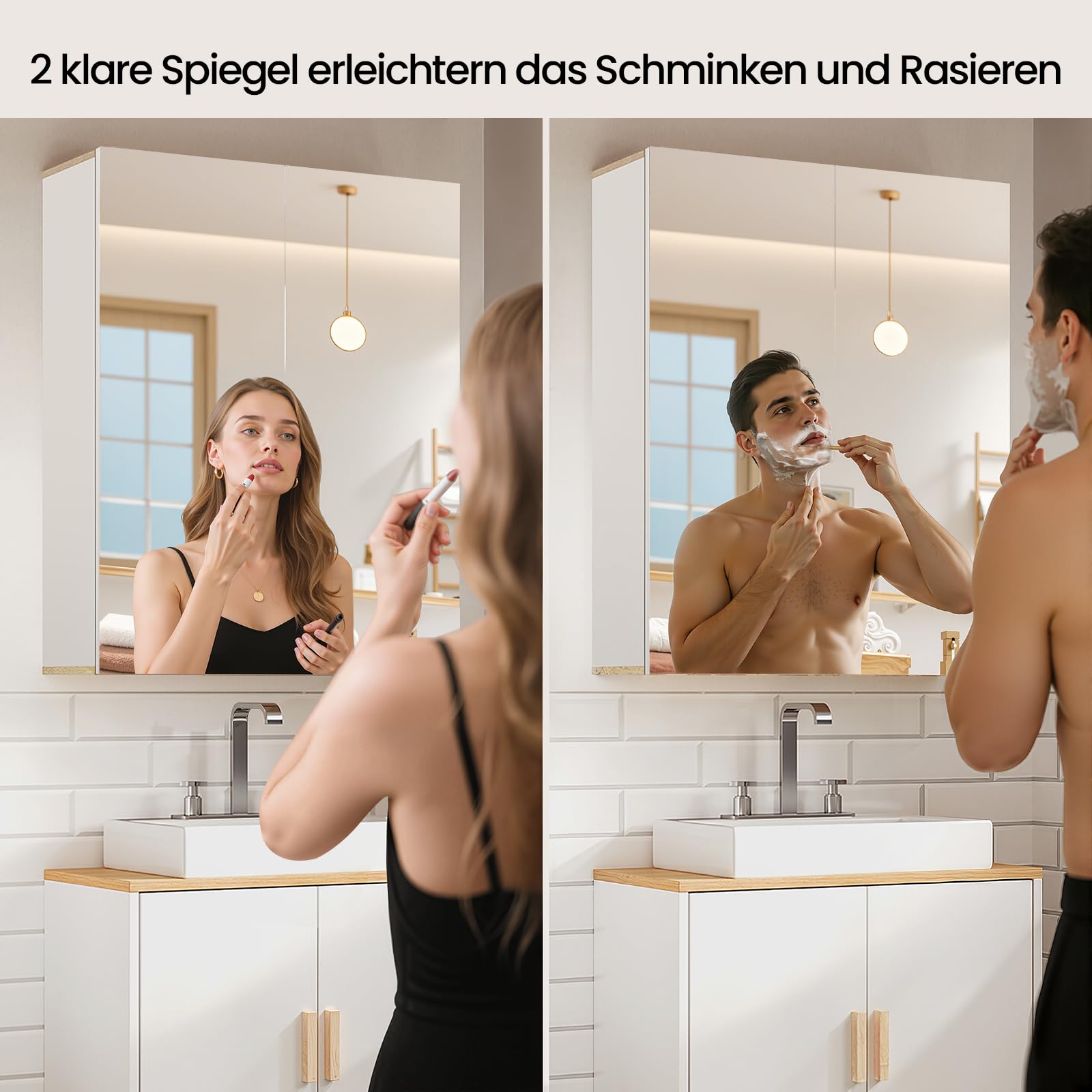 EUGAD Spiegelschrank Bad, Badezimmerschrank hängend, Badschrank mit Spiegel, Hängeschrank mit Doppeltür, Wandschrank mit verstellbaren Einlegeböden, weiß und helle Eiche 60x75x20 cm