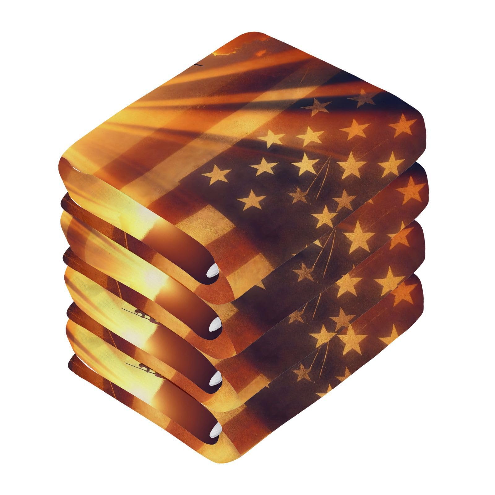 YANENDIE Nostalgic July 4th Pattern Washcloths Towels, Highly Absorbent and Soft Cotton Face Cloths, 4 Pack Quick Dry Wash Cloths - 12 X 12 Inches