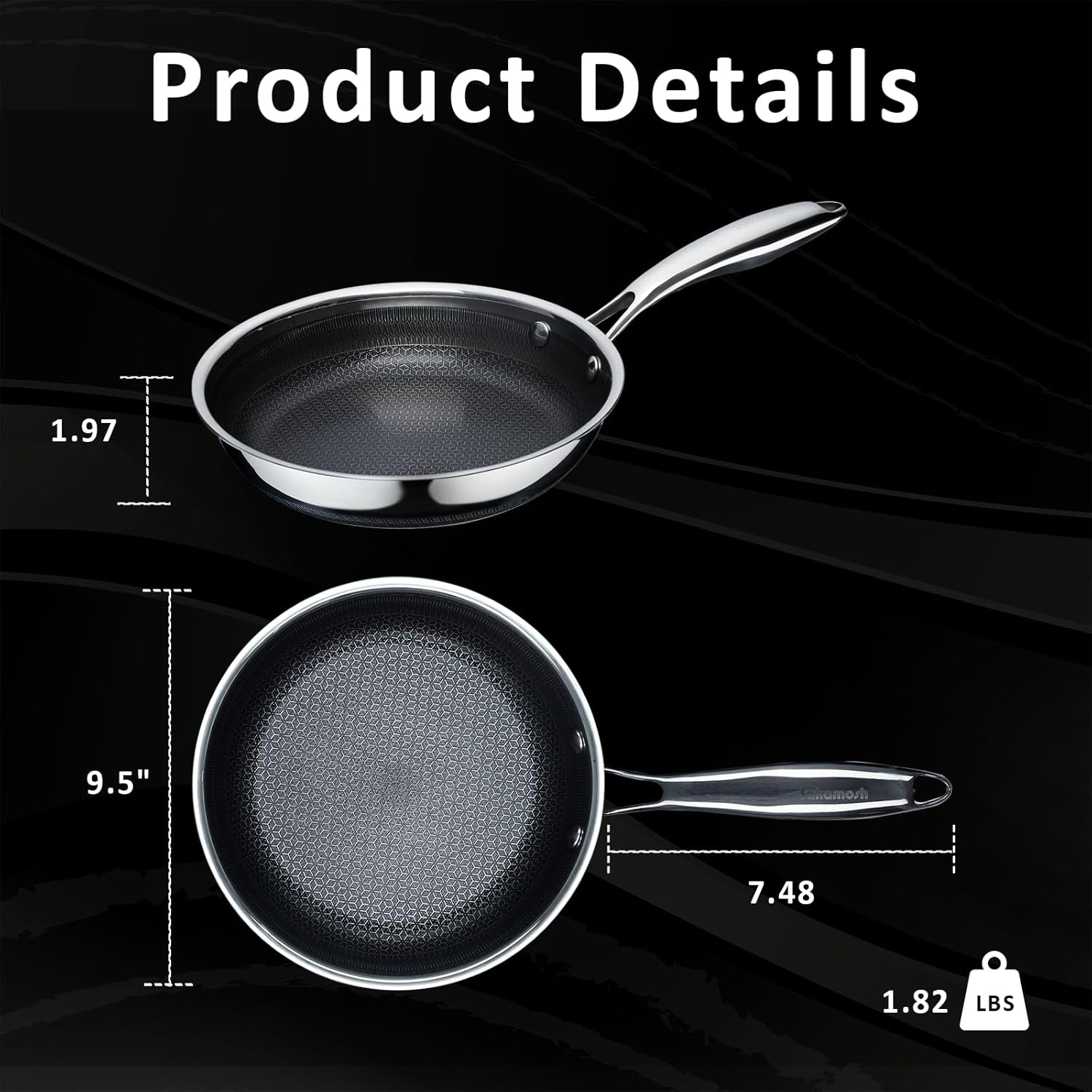 9.5" Non Stick Deep Saute Frying Pans, Hybrid Ceramic Stainless Steel Pan, Skillet with Stay-Cool Handle, PFAS PFOA PTFE Free, Dishwasher & Oven Safe, Induction, Compatible with All Cooktops
