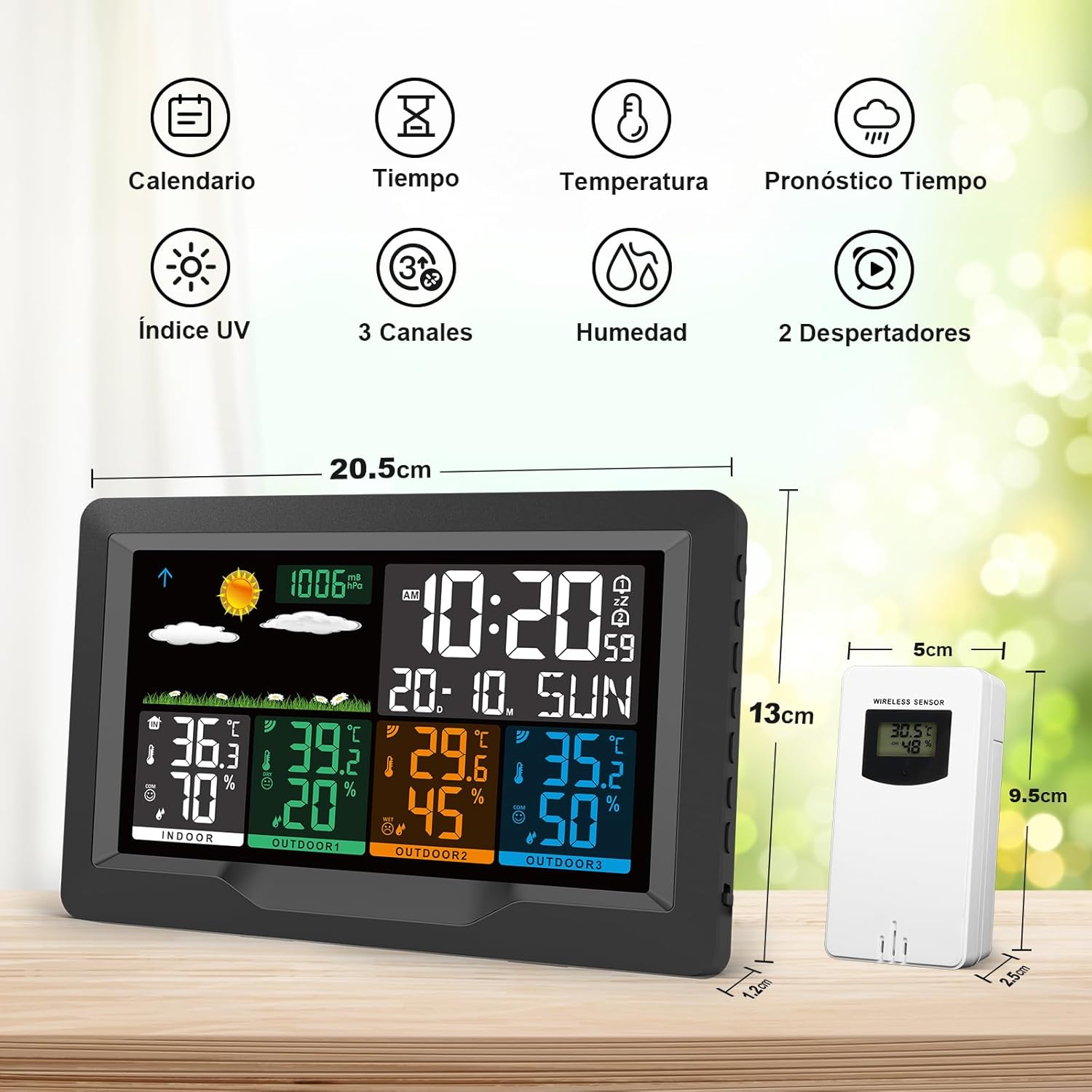 Dimensions of jely Weather Station main unit and wireless outdoor sensor