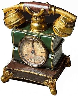 Reloj de mesa vintage con teléfono antiguo, funciona con pilas, decorativo para sala de estar, oficina, relojes de mesa (color: verde, tamaño: 17 x 11 x 16 cm)
