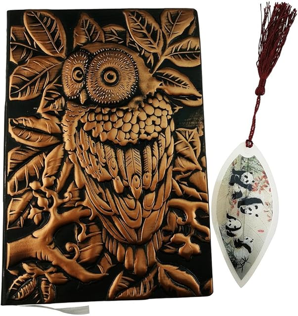 3D Cover Owl Embossed Leather Notebook Lay-Flat Binding Ruled Pages Hardcover Journal a5 Handmade Planner Lined Pages Writing Notebook with Panda Bear Bookmark (Red Copper)