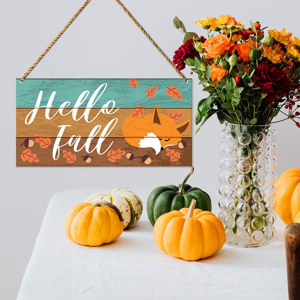 Hello Fall Wood Sign Decor, Fall Wall Decor for Home Porch Farmhouse Living Room Autumn Front Door Decorations Fox Thanksgiving Harvest Hanging Sign Decor, Sleeping Fox