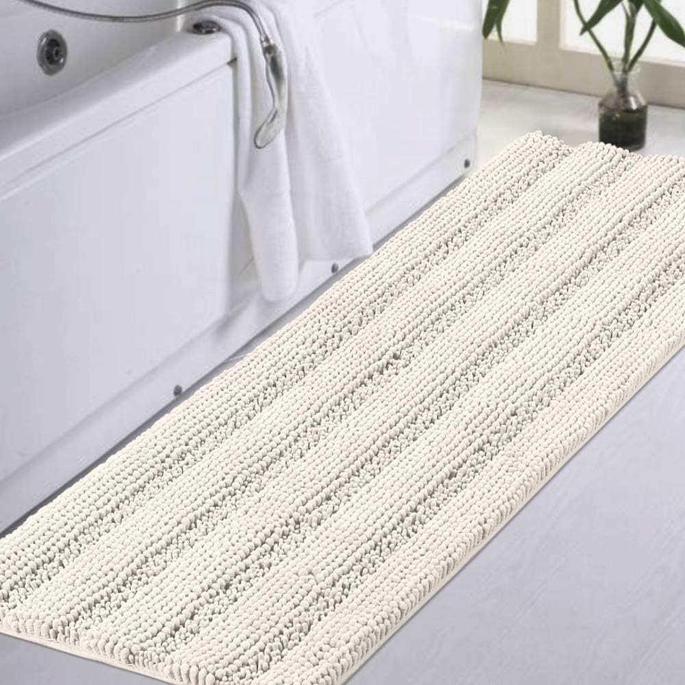 Turquoize Non Slip Shaggy Chenille Microfibers Bathroom Rug Bath Room Mat Extra Long Bath Rug 47 x 17 Kitchen Rugs and Mats, Super Water Absorbent & Soft Washable Bath Rug for Bathroom, Ivory 47" x 17" Ivory
