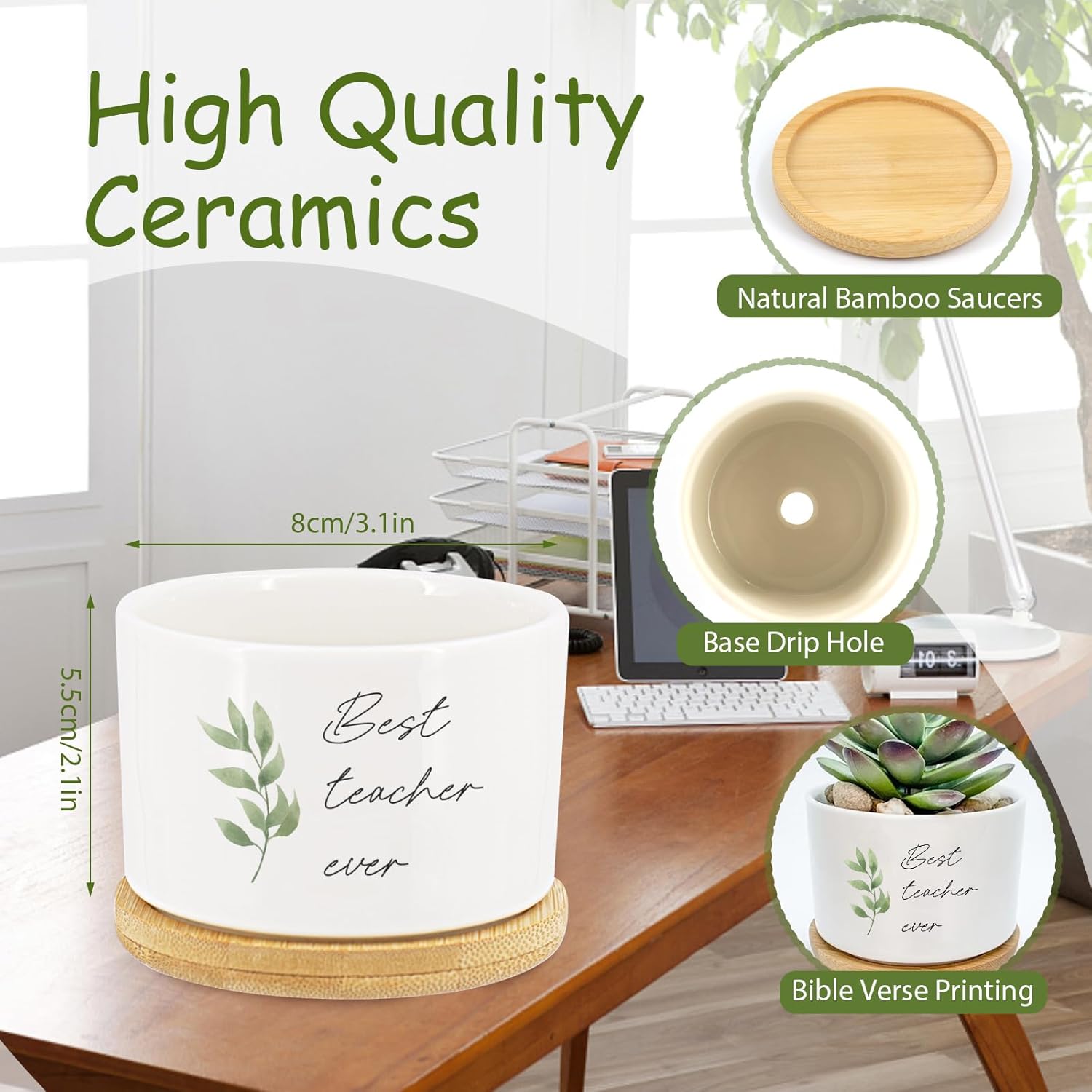 Tarklanda 6Pcs Teacher Appreciation Gifts Succulent Pots Mini Ceramic Plant Pots with Bamboo Tray Green Plants Pots Planters for Best Teacher Thank You for Helping Me Grow Plants Not Included