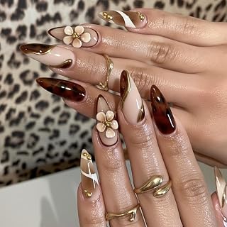 Ceboic 24pcs False Nails, Long Almonds, French Leopard Brown Nails, 3D Handmade Acrylic Flowers, Artificial Nail Capsules, Natural Reusable Press on Nails for Women and Girls