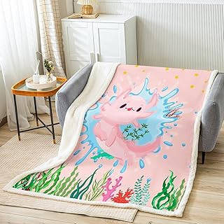 Cute Axolotl Kids Throw Blanket,Cartoon Salamander Axolotl Ocean Bed Blanket for Girls Boys Adults,Coral Weeds Marine Life Fleece Blanket,Pink Romantic Fuzzy Blanket,Baby Size (30 x 39 Inches)
