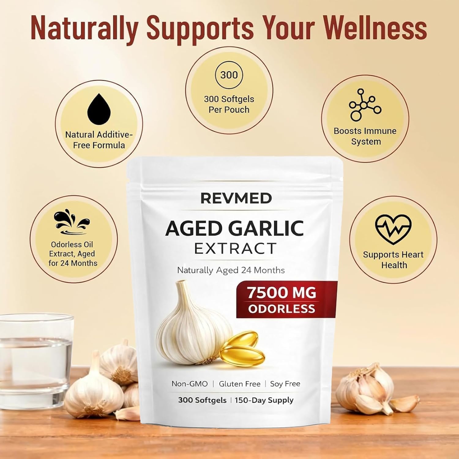 WNW Revmed Aged Garlic Extract, Naturally Aged 24 Months | Odorless Softgels | Non-GMO, Gluten & Soy Free | 300 Softgels(2pcs)