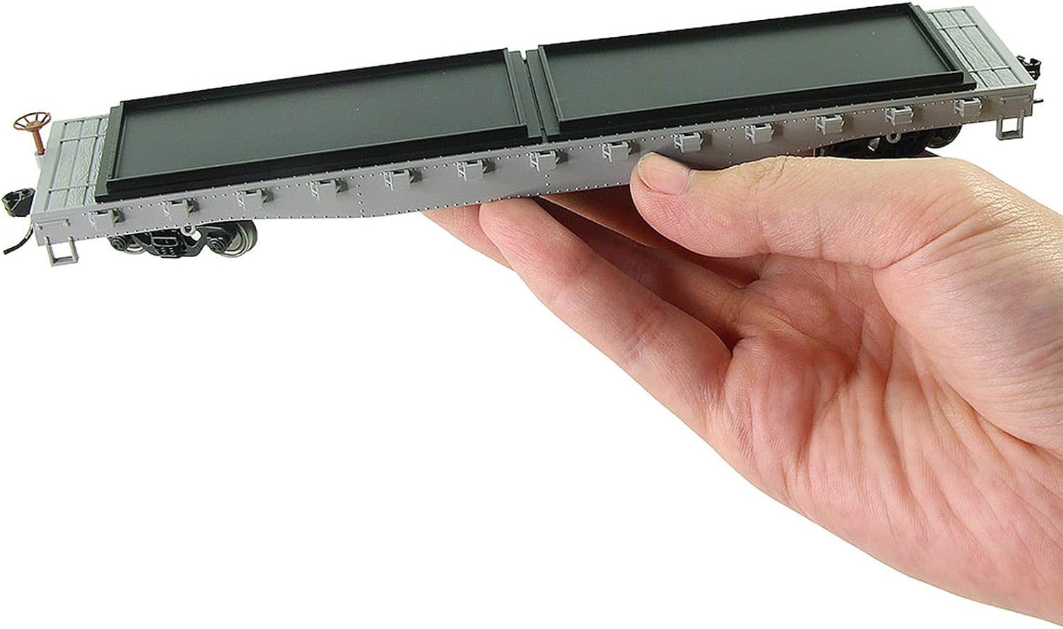 C8741 2pcs HO Scale 1:87 52' Flat Car Flatbed Transporter 52ft Model Train Container Carriage Freight Car (Gray)