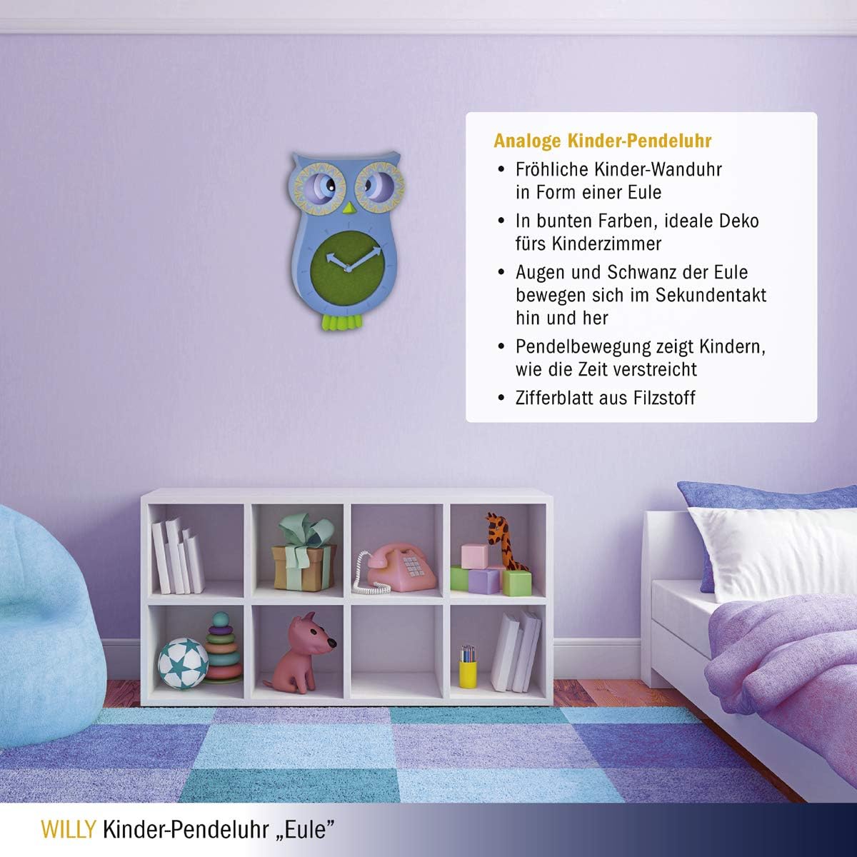 TFA Dostmann Willy 60.3052.06 Silent Owl Shaped Wall Clock for Children's Bedroom, Blue, (L) 110 x (B) 70 x (H) 330 mm