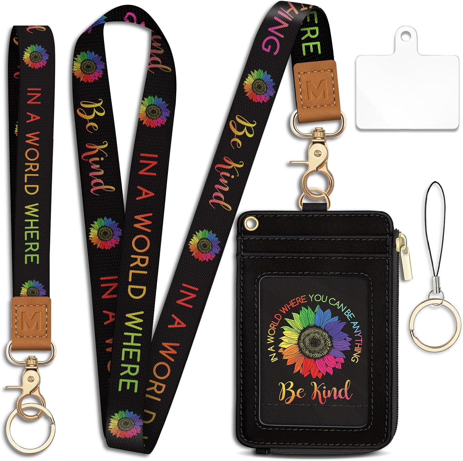 Be Kind Sunflower Lanyard Wallet with ID Badge Holder, Small RFID Wallet Women Keychain Wristlet, Slim Credit Card Holder Case with Zipper Pocket Phone Lanyard Wrist Strap Name Tag Office Teacher Gift