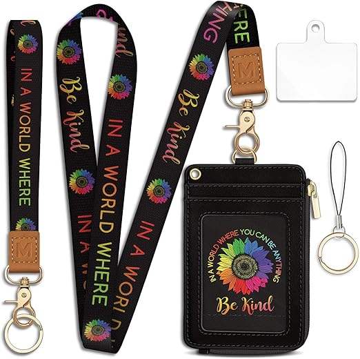 Be Kind Sunflower Lanyard Wallet with ID Badge Holder, Small RFID Wallet Women Keychain Wristlet, Slim Credit Card Holder Case with Zipper Pocket Phone Lanyard Wrist Strap Name Tag Office Teacher Gift
