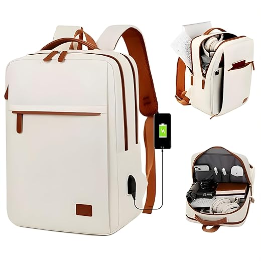 Mochila de Viagem Feminina Com Grande Capacidade Nylon Impermeável Com Interface de Carregamento USB Multifuncional - Bege