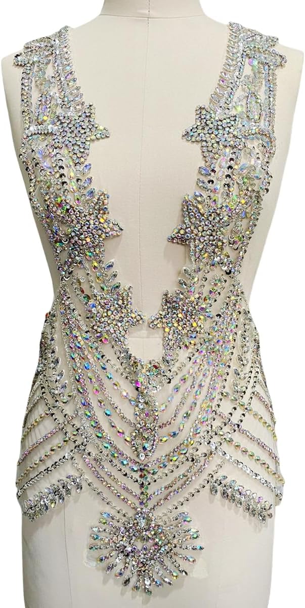 Handmade Large Rhinestone Applique Trim Lace Bodice Patch Corset Accessories Suitable for Dresses 12.5X28.7inches (Champagne)