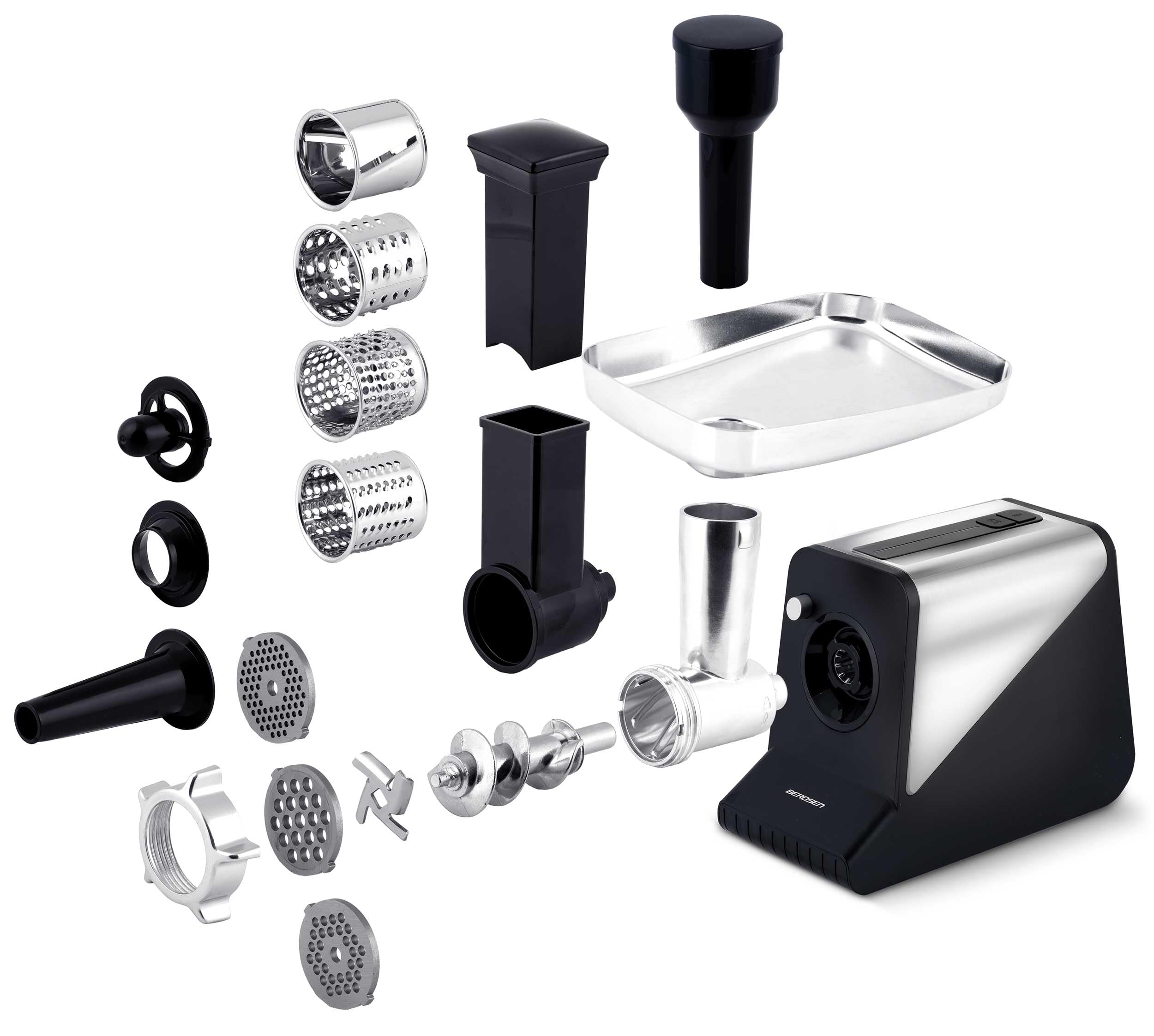 Berdsen Hachoir à viande électrique avec accessoires pour saucisse - Disques perforés - 800/2000 W - Noir et argenté